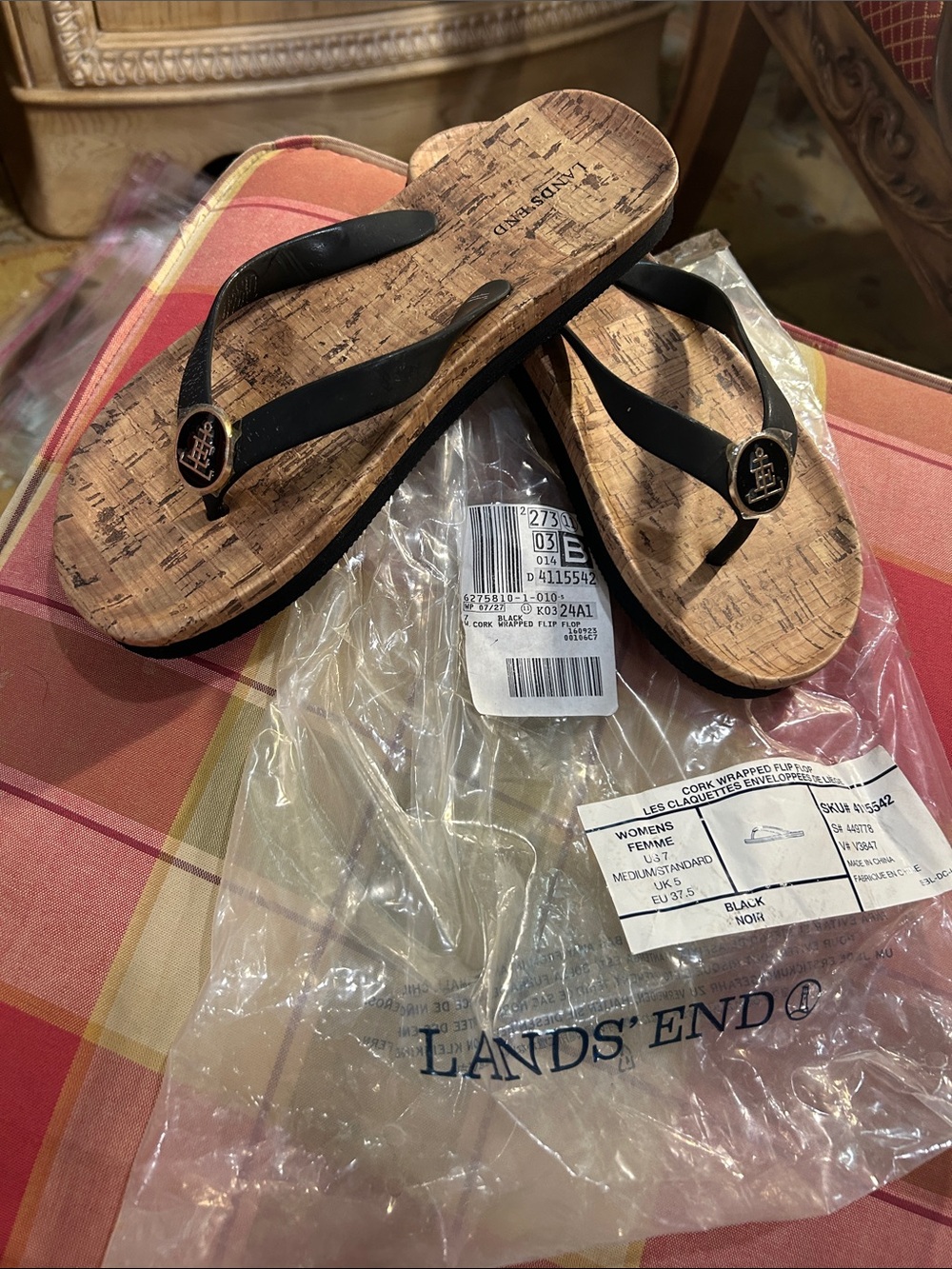 Lands' End 7 Black Cork-Print Flip Flop Sandals NIB